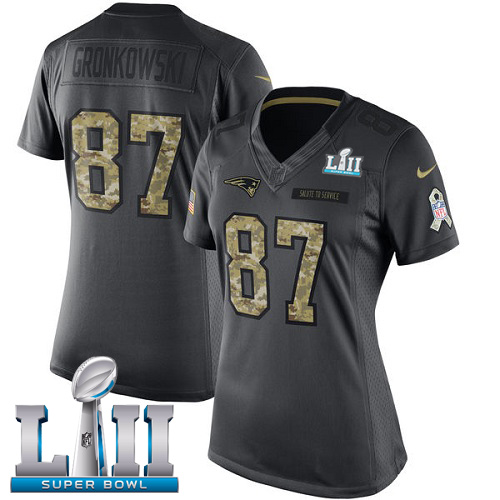Nike Patriots #87 Rob Gronkowski Black Super Bowl LII Women's Stitched NFL Limited 2016 Salute to Service Jersey - Click Image to Close